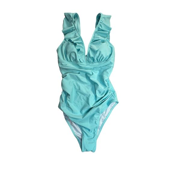 Cupshe Swimsuit Womens Small Aqua Blue Ruffle Wide Strap Tie Closure One Piece - Picture 1 of 10